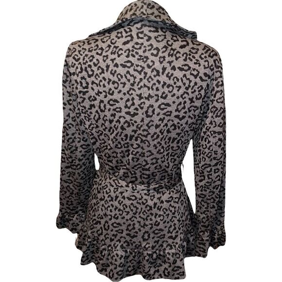 Sandro Studio Black Grey Leopard Print Ruffle Front Belted Jacket Size Medium - Picture 7 of 7